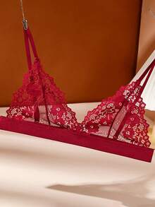 Aofeiqike 优质法式蕾丝内衣上衣文胸内裤套装女无钢圈无海绵新款薄款少女内衣套装女透气弹力 - 酒紅色 - 查看 4