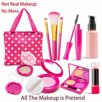 11pcs/Set Simulation Model Makeup Toy Set For Girls, With Fake Makeup (Without Pigment Or Powder), Including Lipstick, 3 Makeup Brushes, Blush, Two-Tone Eyeshadow, Glitter, Puff, Lotion Bottle, Mascara, And A Handbag; Suitable For Dress-Up, Pretend And Play, Birthday Gifts