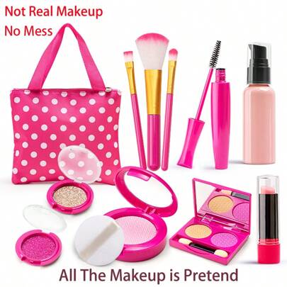 11pcs/Set Simulation Model Makeup Toy Set For Girls, With Fake Makeup (Without Pigment Or Powder), Including Lipstick, 3 Makeup Brushes, Blush, Two-Tone Eyeshadow, Glitter, Puff, Lotion Bottle, Mascara, And A Handbag; Suitable For Dress-Up, Pretend And Play, Birthday Gifts
