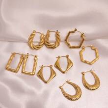 5對簡約不銹鋼圓形/方形/扭結油壓環耳環套裝 - 金色 - 查看 2