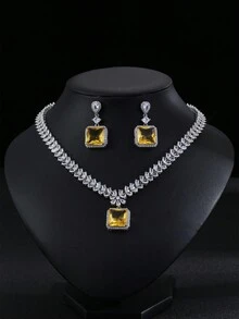 1套/3入歐美風格的方形花卉設計項鍊和耳環套裝,適用於婚禮、宴會、高層建築、女性、節日場合 - 正方 - 查看 12