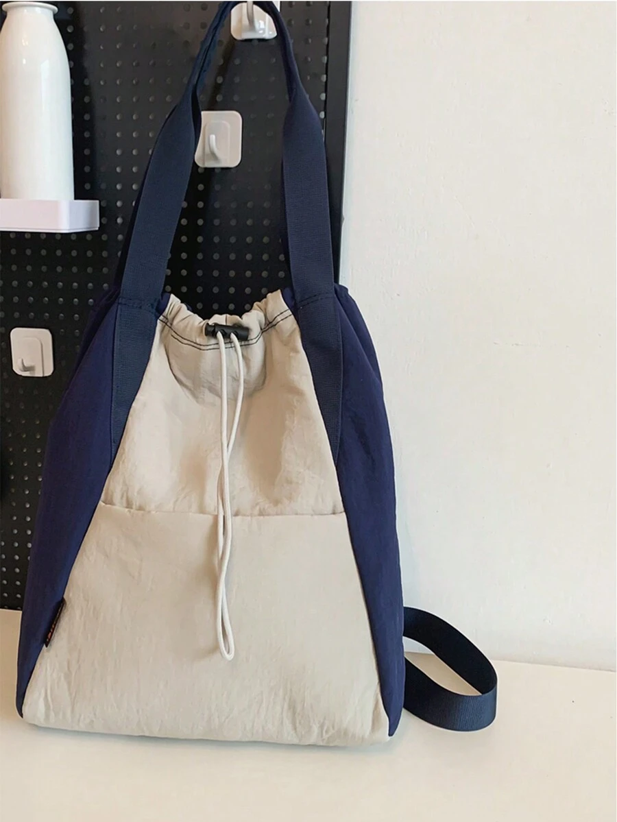 Nylon Leisure Backpack With Drawstring Closure, Lightweight And Large Capacity, Multi-Functional Backpack With Shoulder, Double Shoulder, And Hand Held Option. Color Blocking Campus Bookbag, Suitable For Casual, Travel, Commuting, And School - Blue - View 1