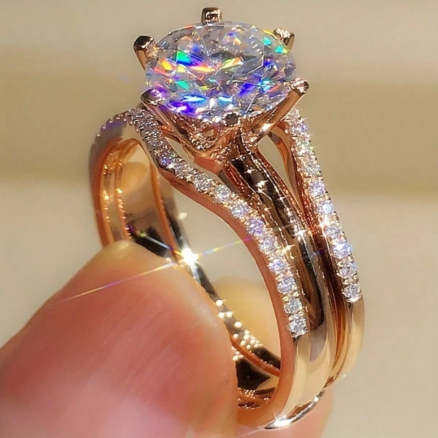2 cái/bộ Duy nhất Vàng hồng Vàng Nhẫn , Cổ điển Sáu-ngạnh Khối Zirconia  Đính hôn/Đám cưới Nhẫn