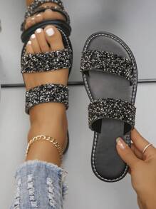 Women'S Summer New Style Transparent Sequin & Rhinestone Decor Large Size Outdoor Casual Beach Slippers