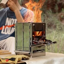 1pc Small-Fold Design Stainless Steel Portable Wood Stove For Camping, Bbq, Hiking, Home Use: Boiling Water, Making Tea, Coffee And Burning Wood - Silver - View 11