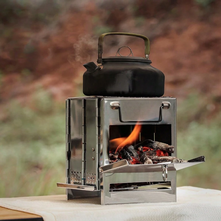 1pc Small-Fold Design Stainless Steel Portable Wood Stove For Camping, Bbq, Hiking, Home Use: Boiling Water, Making Tea, Coffee And Burning Wood