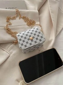 1入組對比印花復古斜背包，復古翻轉鏈帶袋，女士小斜背包包