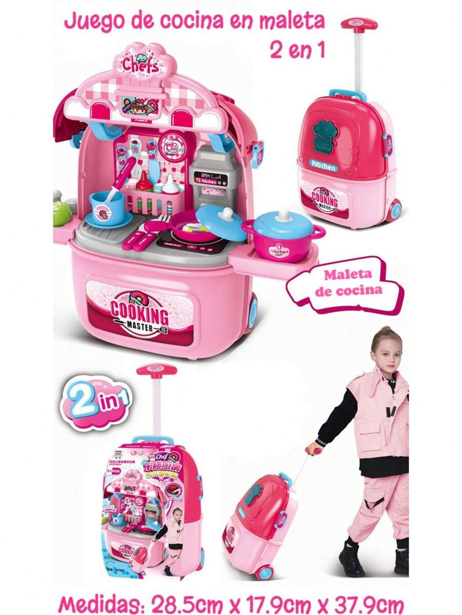 Juego de cocina de alta calidad convertible en maleta, con luces y sonido, juguete para niñas y niños - Rosa Fucsia - Ver 1