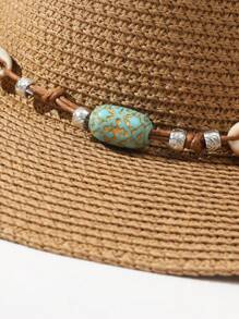 1 Pièce Chapeau Panama Jazz Boho Mixtes Décoré De Bétail, Chapeau De Cowgirl/cowboy, Chapeau De Plage En Paille, Adapté Pour Les Fêtes