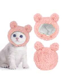 1只可愛的粉/棕色貓咪帽子,有趣的熊/寵物狗頭套裝飾配件,寵物生日派對頭戴用,暖和的泰迪熊風格可調節貓咪帽子,柔軟的寵物頭帶 - 彩色 - 查看 1