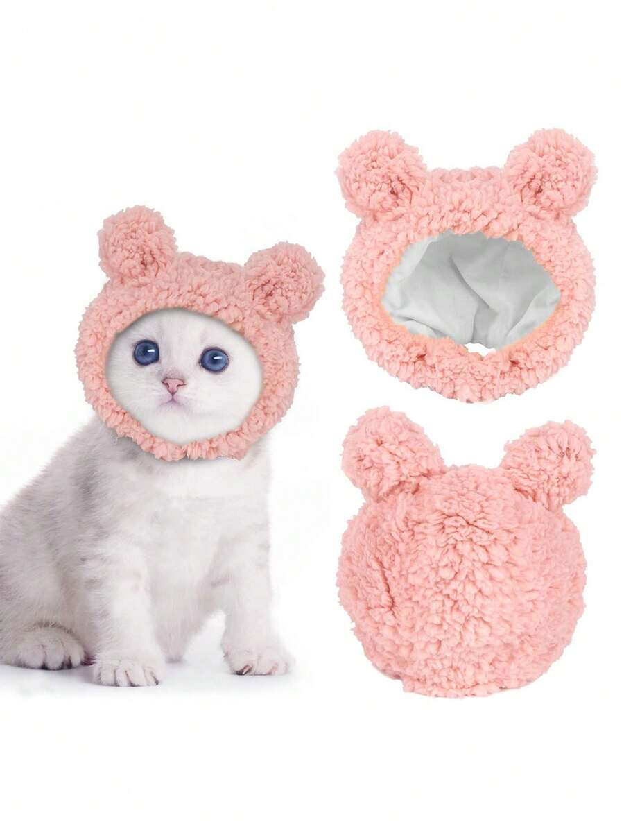 1只可愛的粉/棕色貓咪帽子,有趣的熊/寵物狗頭套裝飾配件,寵物生日派對頭戴用,暖和的泰迪熊風格可調節貓咪帽子,柔軟的寵物頭帶 - 彩色 - 查看 1