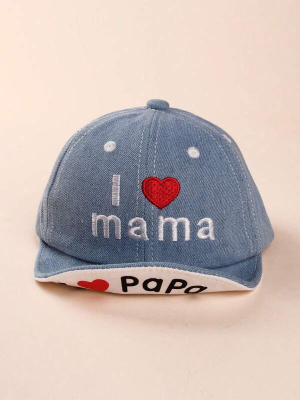 1pc Unisex Baby/Toddler Denim Embroidered "I Love Mama & Papa" Soft Brim Sun Hat, For Spring/Summer/Autumn