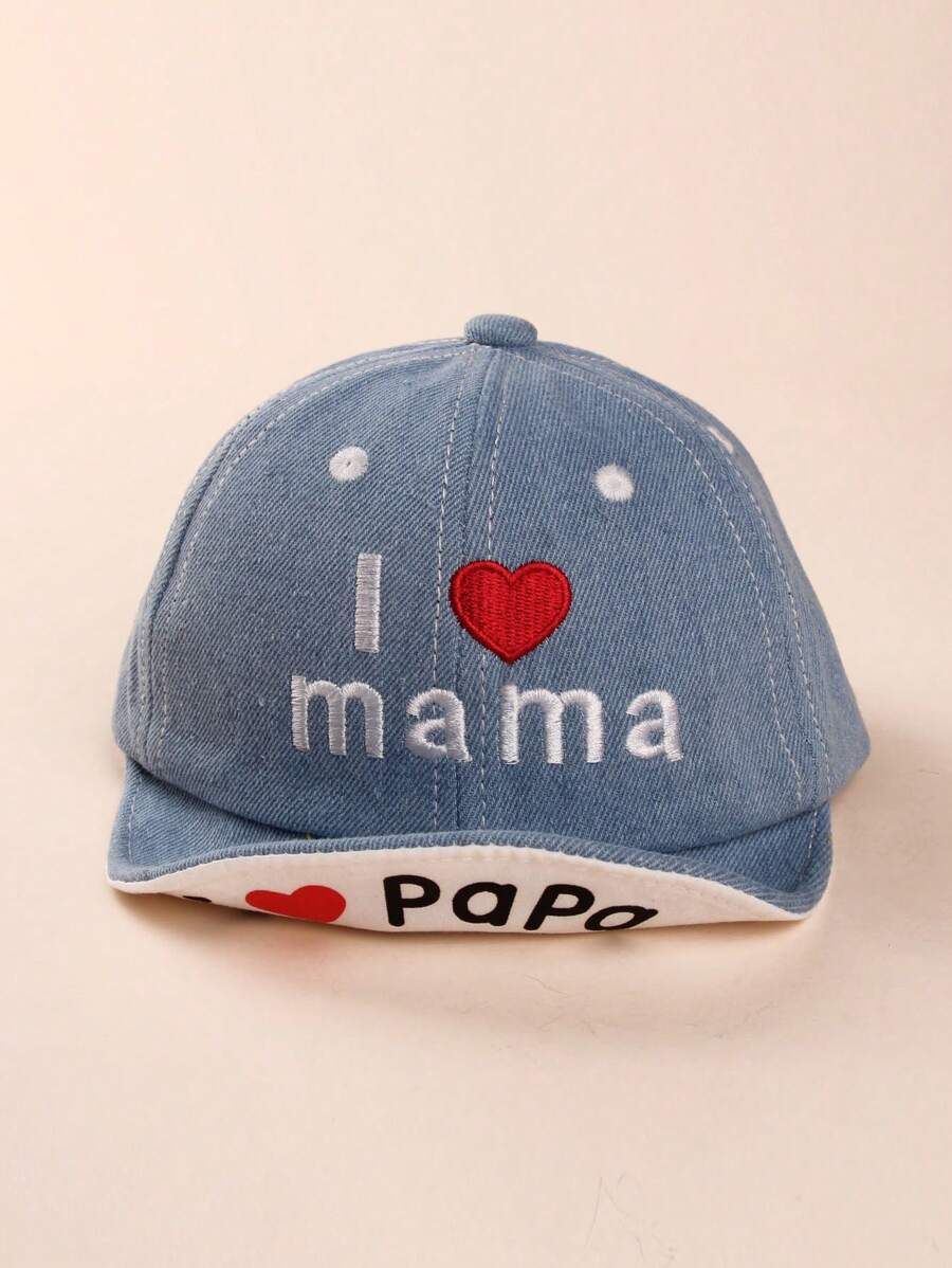 1pc Unisex Baby/Toddler Denim Embroidered "I Love Mama & Papa" Soft Brim Sun Hat, For Spring/Summer/Autumn - Baby Blue - View 1