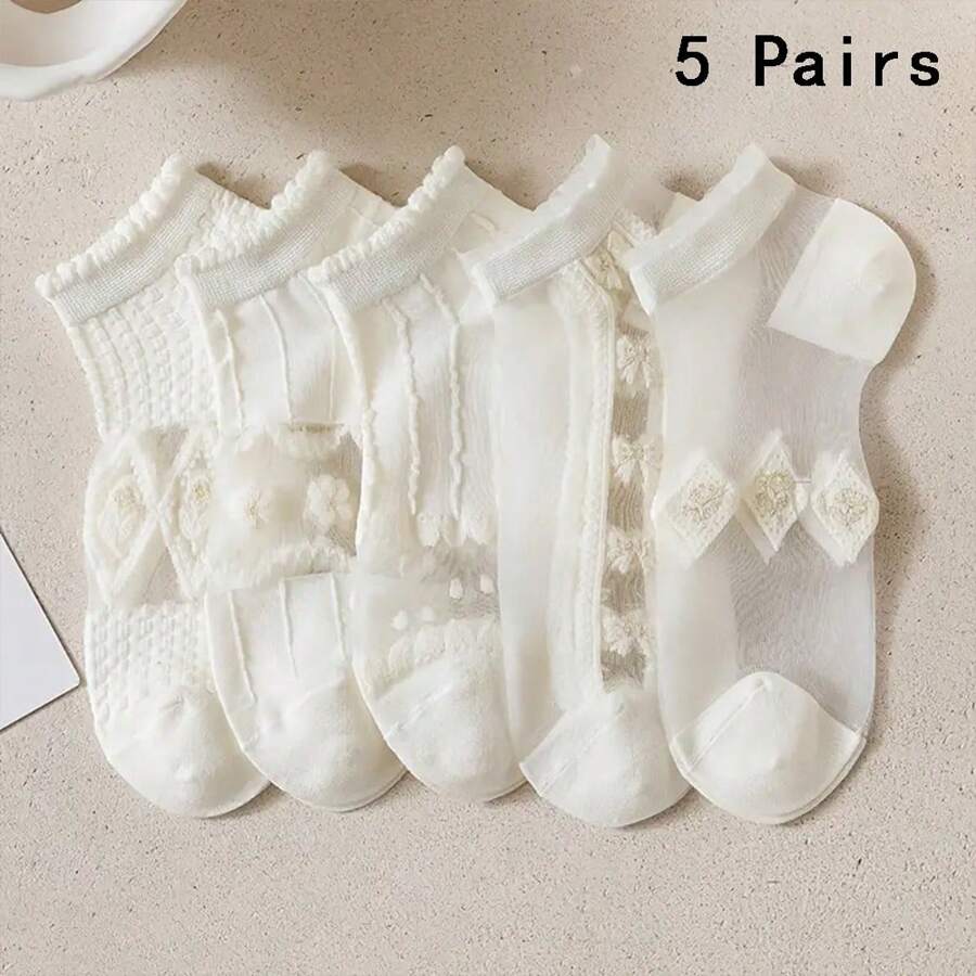 5 Pairs White Lace Bubble Socks For Girl, Thin & All-Match, Spring/Summer - White - View 1