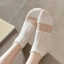 5 Pairs White Lace Bubble Socks For Girl, Thin & All-Match, Spring/Summer - White - View 3