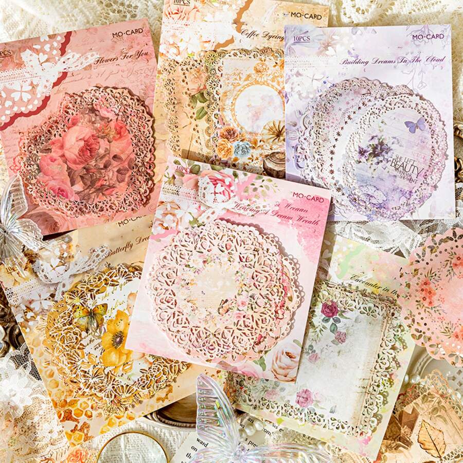 1booklet/10pcs Vintage Lace Hollow Paper - Collection, Watercolor Scrapbooking And Journaling Diy Material - Multicolor - View 1