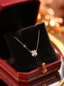 ELSEDES 1 pieza Collar de trébol de cuatro hojas de plata de ley 925 con gemas brillantes, estilo de moda lujoso apto para uso diario de la mujer, regalo para novia/esposa, regalo de aniversario/festividad - Dorado - Ver 4