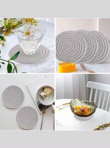 1個4.8英寸/12厘米杯墊,螺紋編織圓形保溫墊,吸水保溫耐熱飲料杯墊 - 灰色 - 查看 3