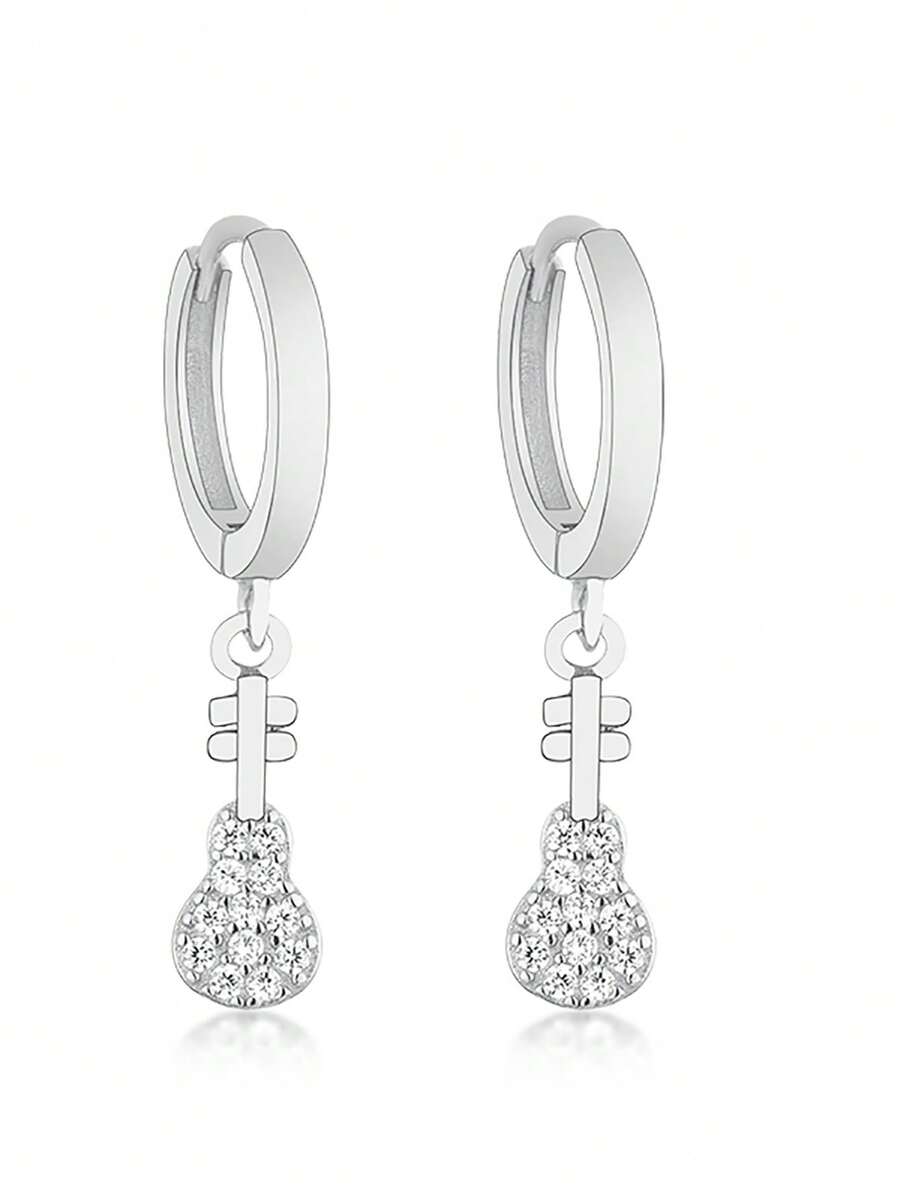 1 đôi Đơn giản 925 sterling bạc Đàn tỳ bà & Khối Zirconia  Vòng khuyên tai , Qủa tặng Đối với phụ nữ - Bạc - Xem 1