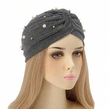 Z.H.A 1 件人造珍珠裝飾頭巾帽閃光褶皺彈性頭巾盤花純色無簷小便帽頭巾化療帽 - 銀色 - 查看 4