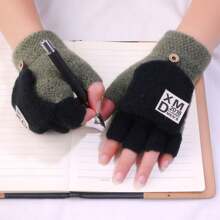 兒童編織暖手套,設有翻轉手套,卡通恐龍設計半指手套,適用於學生寫作、玩手機、騎自行車和防風,適用於秋冬季節 - 彩色 - 查看 1