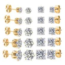 10pairs/Set Stainless Steel Fashionable Sparkling Square/Round Cubic Zirconia Butterfly Clasp Stud Earrings, Suitable For Daily Wear, Unisex Style, The Best Choice For Holiday Gifts. - Black - View 5