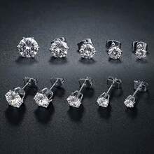 10pairs/Set Stainless Steel Fashionable Sparkling Square/Round Cubic Zirconia Butterfly Clasp Stud Earrings, Suitable For Daily Wear, Unisex Style, The Best Choice For Holiday Gifts. - Black - View 10