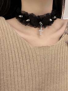 1條黑白花邊頸套項鍊朋克鉚釘吊墜 - 黑與白 - 查看 3