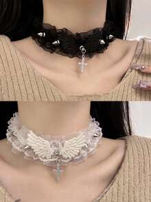 1條黑白花邊頸套項鍊朋克鉚釘吊墜 - 黑與白 - 查看 1