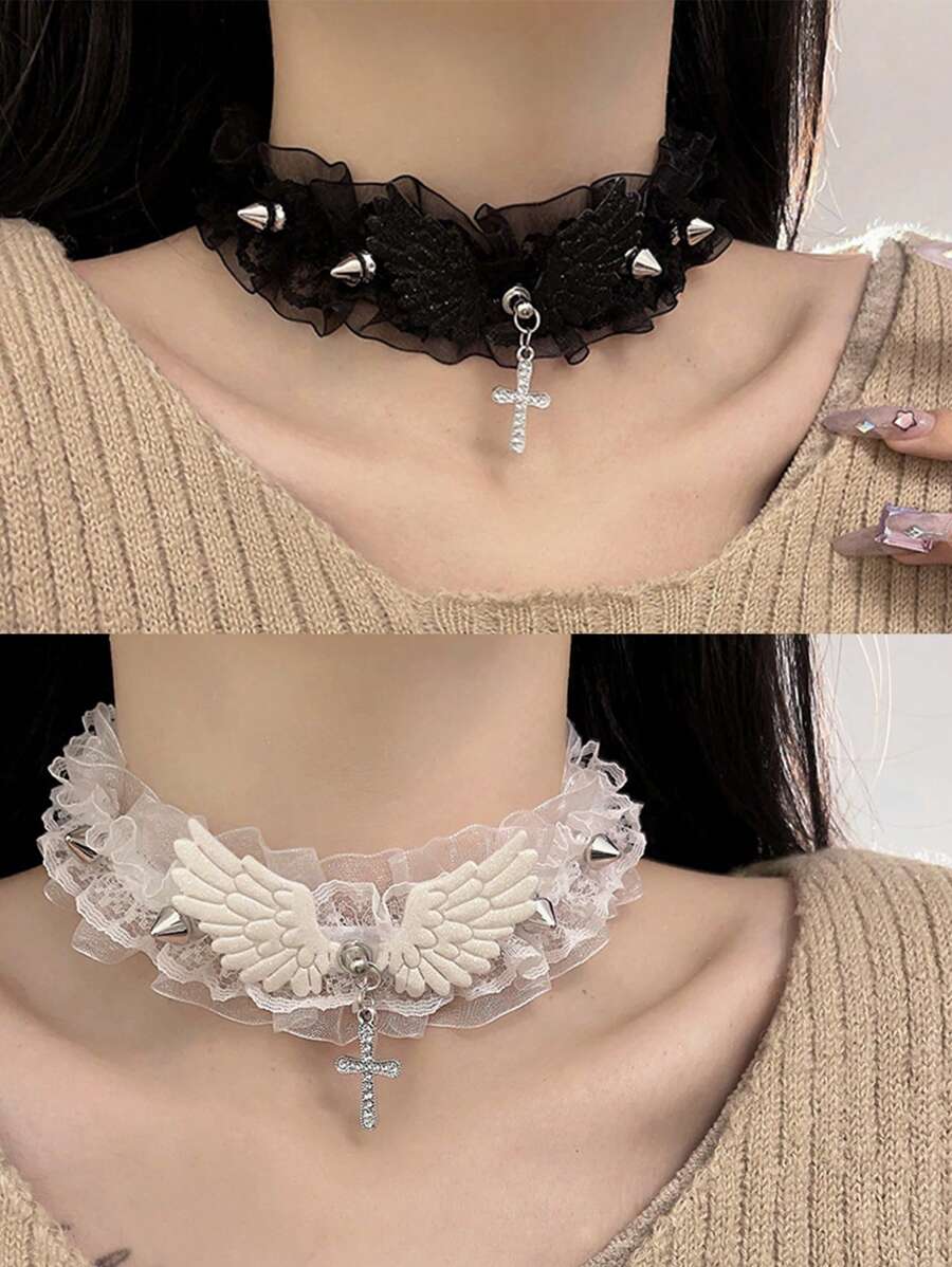 1條黑白花邊頸套項鍊朋克鉚釘吊墜 - 黑與白 - 查看 1
