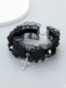 1條黑白花邊頸套項鍊朋克鉚釘吊墜 - 黑與白 - 查看 6