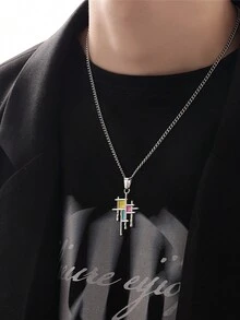 1pc Fashionable Simple Titanium Steel Necklace Colorful Geometric Resin Drip Pendant Accessory For Men, Daily Wear, Anniversary, Valentine's Day, Birthday Gift - Colorful - View 4