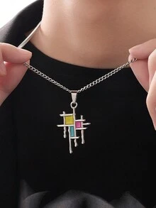 1pc Fashionable Simple Titanium Steel Necklace Colorful Geometric Resin Drip Pendant Accessory For Men, Daily Wear, Anniversary, Valentine's Day, Birthday Gift - Colorful - View 1
