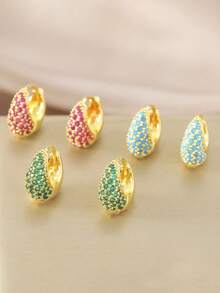 1對流行的銅鍍單面全鑽圈耳環,適用於女性禮物和派對穿著 - 水鴨藍 - 查看 1