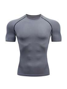 Boyfriend Style Men's Sports & Fitness Slim Fit Moisture Wicking Round Neck Short Sleeve, Solid Color Training Workout & Running Compression Top Gym Clothes Boyfriend Style Men Spring Tops Basic T Shirt Compression Shirt Summer - Dark Grey - View 2