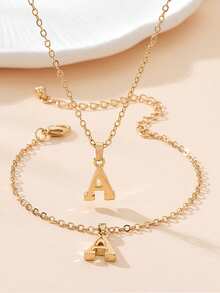 Stylish And Simple Ladies Stainless Steel A-Z26 Letter Pendant Bracelet Necklace Set Suitable For Souvenir Gifts - Yellow Gold - View 2