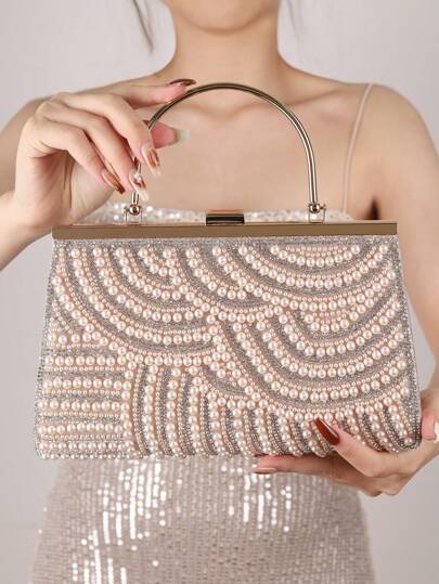 Faux Pearl Beaded europeisk och amerikansk kvällsväska för kvinnor, handhållen clutchväska för fest, Elegant faux pearl clutch, balväska