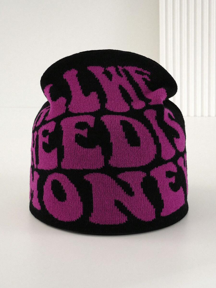 1頂男女適用all We Need Is Money字母&卡通圖案針織提花街舞帽,彈性好且時尚,適合旅行、購物、日常穿著各季節適用 - 黑色 - 查看 1