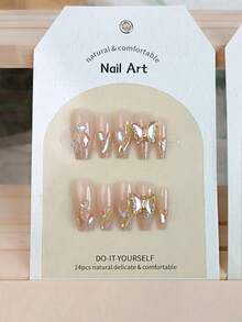 24入組棺材形狀純冰3d蝴蝶鑲嵌手工假指甲,附1pc指甲修整梳,適用於派對、舞會或日常穿著 - 粉色 - 查看 2