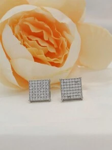 1pair Cubic Zirconia Inlaid Geometric Square Shaped Earrings, Fashionable And All-Match Daily Accessory For Women, Plated With White Gold - Silver - View 2