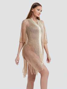 1件夏季透薄短身菱形空心流蘇防曬大碼開衫披肩 - 彩色 - 查看 3