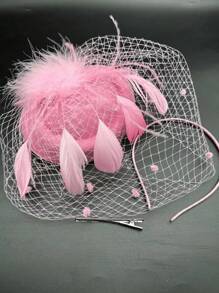 1頂粉紅色羽毛網絡女士鬥蓬帽,適用於雞尾酒派對、茶會場合,四季適穿。 - 粉色 - 查看 3