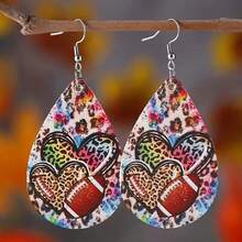 1pair Women's Double-Sided Pu Leather Teardrop-Shaped Earrings With Football Leopard Print Overlapping Heart Pendant - Multicolor - View 1