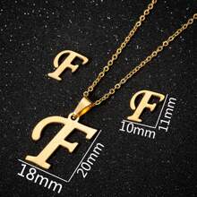 1 Set European And American Style Stainless Steel 26 Alphabet Pendants Necklace Set, 3pcs/Set, Initial Letter F. Simple Pendant Collarbone Chain And Earring Set For Women; All-Match Sweater Chain,Not Fading Necklace, Collarbone Chain And Earrings Set. - Gold - View 4
