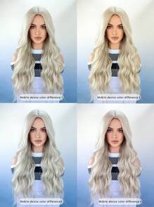 長髮波浪白金色合成假髮,鉑金中心剪裁假髮,適合日常穿著 - 米色 - 查看 6