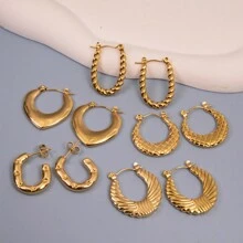 5對簡約不銹鋼圓形/方形/扭結油壓環耳環套裝 - 金色 - 查看 11