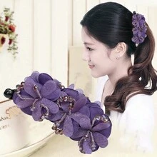 1pc Elegant Beaded Flower Hair Claw Clip For Ponytail Or Bun - Navy Blue - View 4