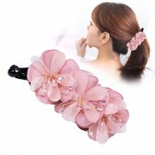 1pc Elegant Beaded Flower Hair Claw Clip For Ponytail Or Bun - Navy Blue - View 1