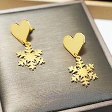 1pair Cross-Border Autumn, Winter, Spring Ins Style Copper Alloy Gold Plated Smooth Heart & Snowflake Dangle Earrings, Suitable For Women's Travel, Vacation, Fashionable Accessory - Gold - View 5
