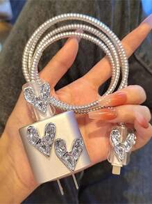 卡通闪亮心形1.5米绕线器+固线器+防断充电头+20w快充数据线 4件套 兼容数据线保护器、充电器保护器 - 灰色 - 查看 1